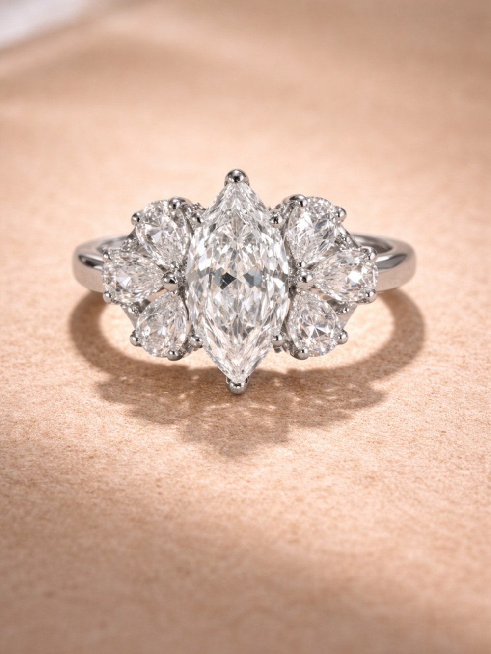 Rhodium Plated Marquise Halo Cubic Zirconia Engagement Ring